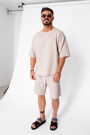 PROMOTII - Set Lino 100% In Tricou si pantalon scurt Light Beige Premium Edition New