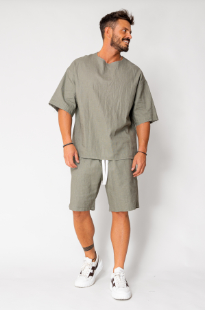 Set Lino 100% Linen t-shirt and short pants Dark Olive [1]