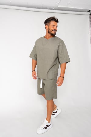 Summer Sets - Set Lino 100% Linen t-shirt and short pants Dark Olive