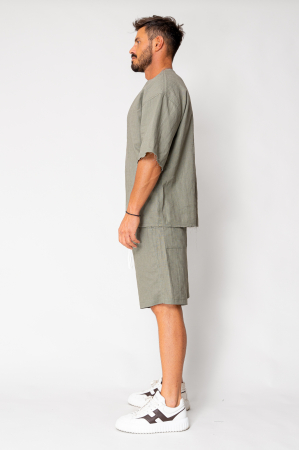 Set Lino 100% Linen t-shirt and short pants Dark Olive [2]