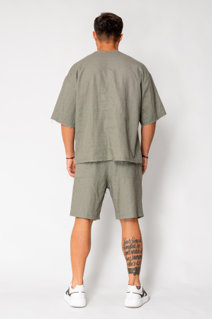 Set Lino 100% Linen t-shirt and short pants Dark Olive [3]