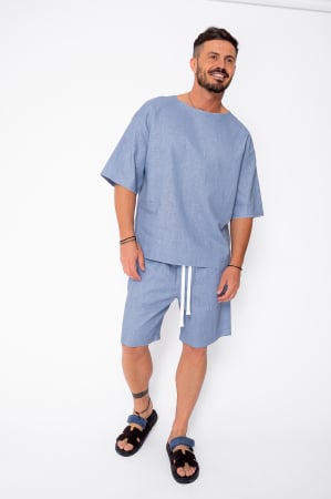 PROMOTII - Set Lino 100% In Tricou si pantalon scurt Storm Blue Premium Edition New