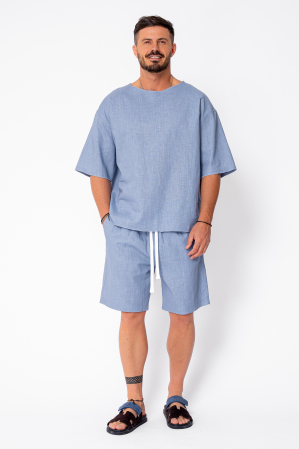 Set Lino 100% Linen t-shirt and short pants Storm Blue Premium Edition New [1]