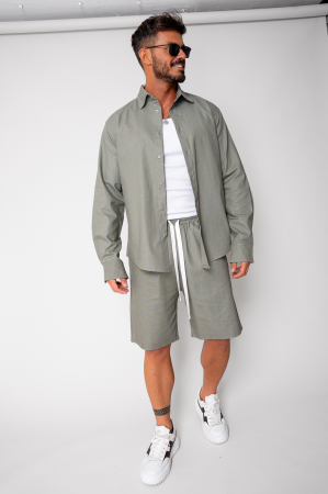 SALE - Set Lino shirt and short pants Dark Olive New