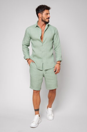 SALE - Set Lino from 100% Linen shirt and short pants Olive