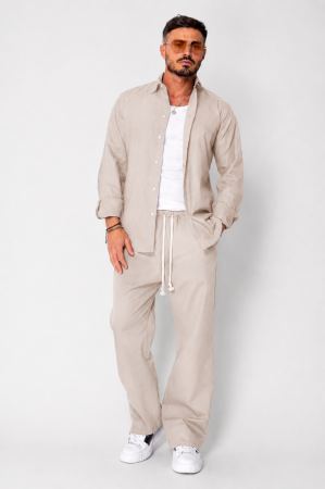 BARBATI - Set Lino Oversized camasa si pantalon din In Premium Edition Beige