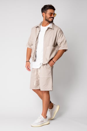 Seturi de Vara - Set Luce Jacheta maneca scurta cu fermoar si pantalon scurt Beige