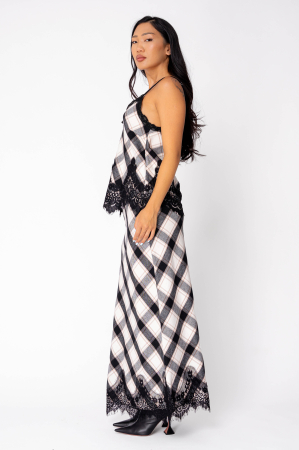 Set maiou si fusta lunga cu dantela in carouri Off White/Black [1]