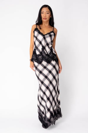 Seturi Imbracaminte - Set maiou si fusta lunga cu dantela in carouri Off White/Black