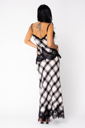 Set maiou si fusta lunga cu dantela in carouri Off White/Black [2]