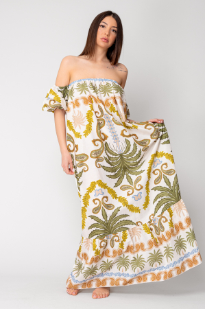 Sale Women - Off-shoulder long dress 100% Cotton Green