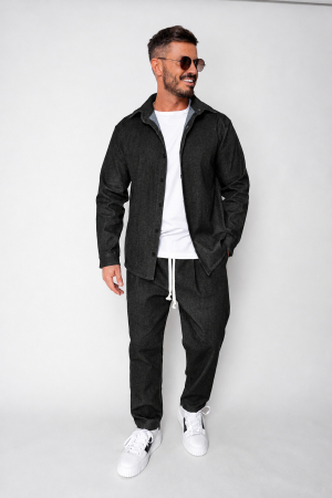 BARBATI - Set Maxwell din denim elastic Camasa si pantalon Premium Black