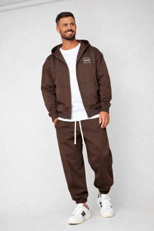 BARBATI - Set Oversized Hanorac cu fermoar si pantalon Baggy din 100% Bumbac - 400gr/mp Premium Edition Brown