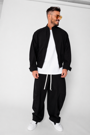 Treninguri - Set Oversized Windbreaker Jacheta cu fermoar si pantalon lung din fas Black