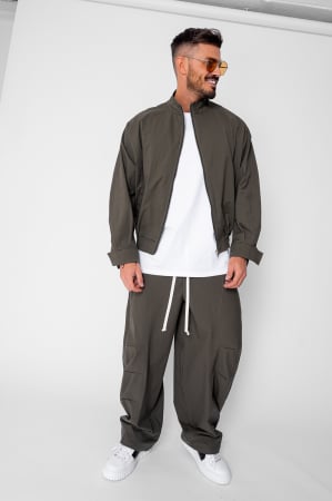 Treninguri - Set Oversized Windbreaker Jacheta cu fermoar si pantalon lung din fas Dark Olive