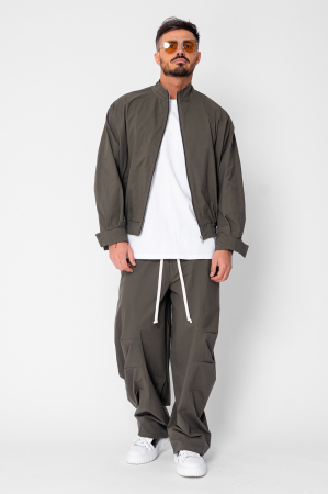 Set Oversized Windbreaker Jacheta cu fermoar si pantalon lung din fas Dark Olive [1]