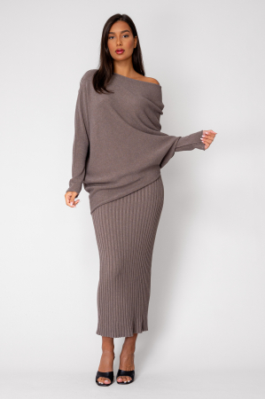 NOUTATI - Set Pulover Asimetric si Fusta lunga Taupe