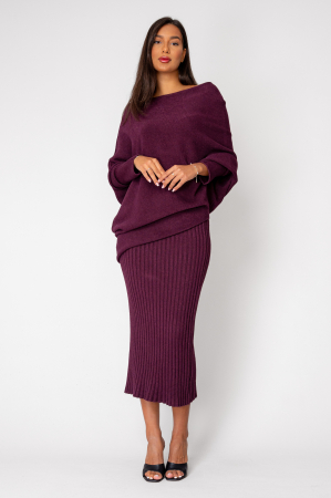 NOUTATI - Set Pulover Asimetric si Fusta lunga Burgundy