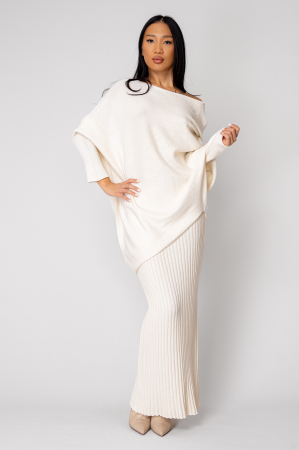 NOUTATI - Set Pulover Asimetric si Fusta lunga Off White