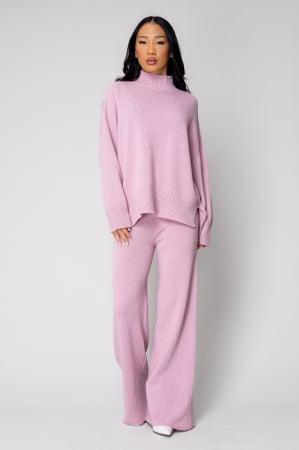 Femei - Set Pulover cu guler inalt si Pantalon lung mix de lana si casmir Pink