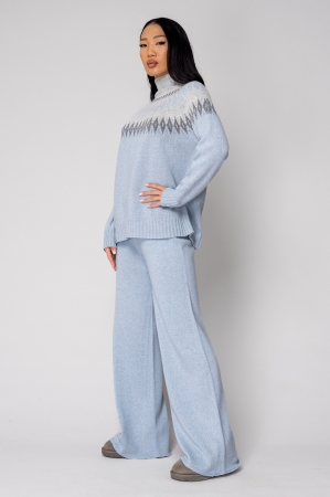 Set Pulover cu guler inalt si Pantalon lung mix de lana si casmir Sky Blue/Grey [2]