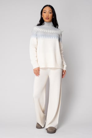 Femei - Set Pulover cu guler inalt si Pantalon lung mix de lana si casmir Off White/Grey
