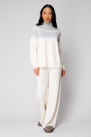 Set Pulover cu guler inalt si Pantalon lung mix de lana si casmir Off White/Grey [1]