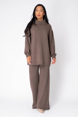 Femei - Set Pulover cu guler inalt si Pantalon lung mix de lana si casmir Taupe