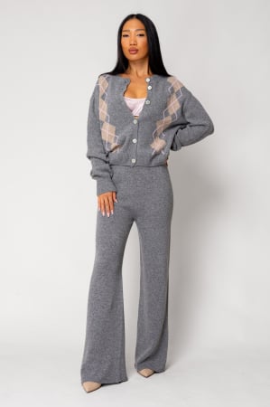 NEW - Set of button-down sweater and long pants made of wool blend Grey/Pink