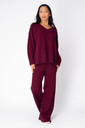 Femei - Set Pulover si Pantalon lung mix de lana si casmir Burgundy
