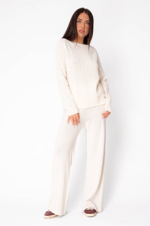 Femei - Set Pulover si Pantalon lung mix de lana si casmir Off White