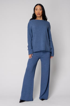 Femei - Set Pulover si Pantalon lung mix de lana si casmir Blue