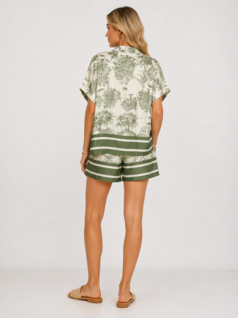 Set Shells bluza cu nasturi si pantalon scurt din mix matase Off White/Green [1]
