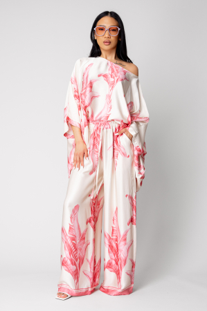 FEMEI - Set Shells Bluza si pantalon lung din mix matase Off White/ Rose