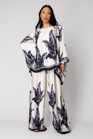 PROMOTII - Set Shells Bluza si pantalon lung din mix matase Off White/ Black