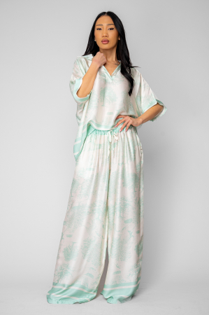 FEMEI - Set Shells Bluza si pantalon lung din mix matase Off White/Mint