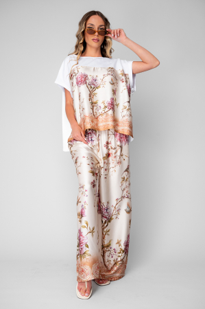 FEMEI - Set Shells Tricou si pantalon lung din mix matase Off White/Rose