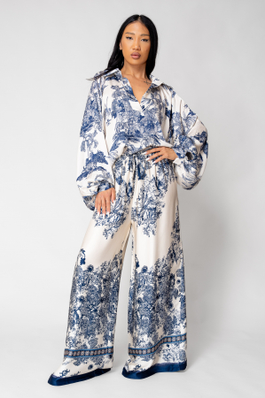 Set Shells Bluza si pantalon lung din mix matase Off White/Navy [3]