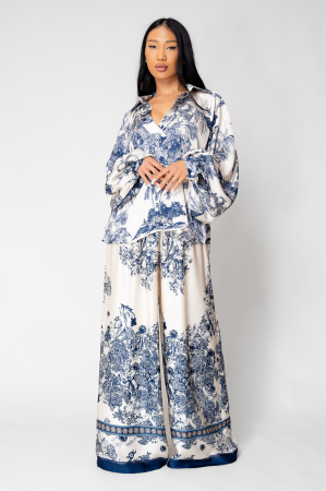 Seturi de Vara - Set Shells Bluza si pantalon lung din mix matase Off White/Navy