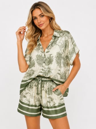 FEMEI - Set Shells bluza cu nasturi si pantalon scurt din mix matase Off White/Green