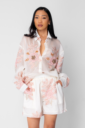 Set Camasa maneca lunga si pantalon scurt Off White/Rose [1]