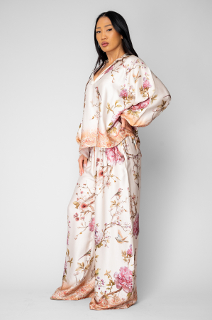Set Shells bluza si pantalon lung din mix matase Off White/Rose [1]