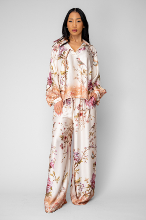 FEMEI - Set Shells bluza si pantalon lung din mix matase Off White/Rose
