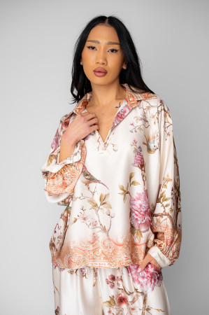 Set Shells bluza si pantalon lung din mix matase Off White/Rose [4]