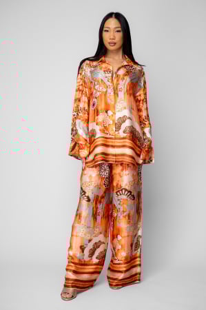 Femei - Set Shells Camasa si pantalon lung din mix matase Orange