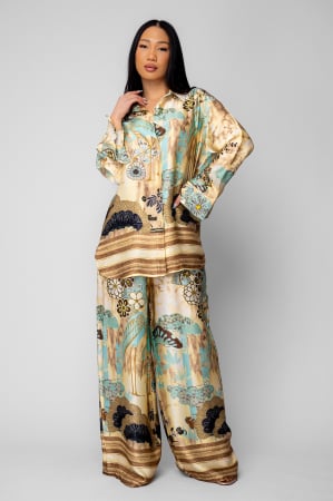 Femei - Set Shells Camasa si pantalon lung din mix matase Beige