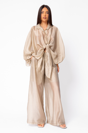 WOMEN - Set Summer Shells camasa si Pantalon lung din mix matase Beige