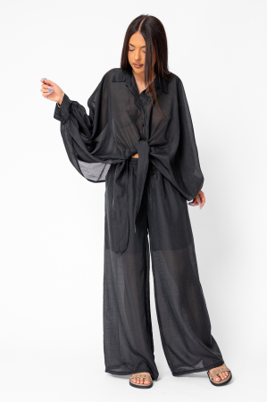 WOMEN - Set Summer Shells camasa si Pantalon lung din mix matase Black