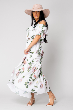 PROMOTII - Set Top fara umeri si Fusta lunga Off White/Green