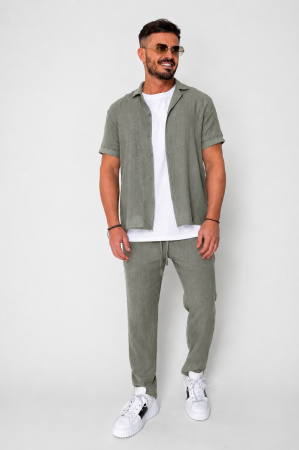 Seturi de Vara - Set Tricotat Camasa maneca scurta si Pantaloni lungi Dark Olive